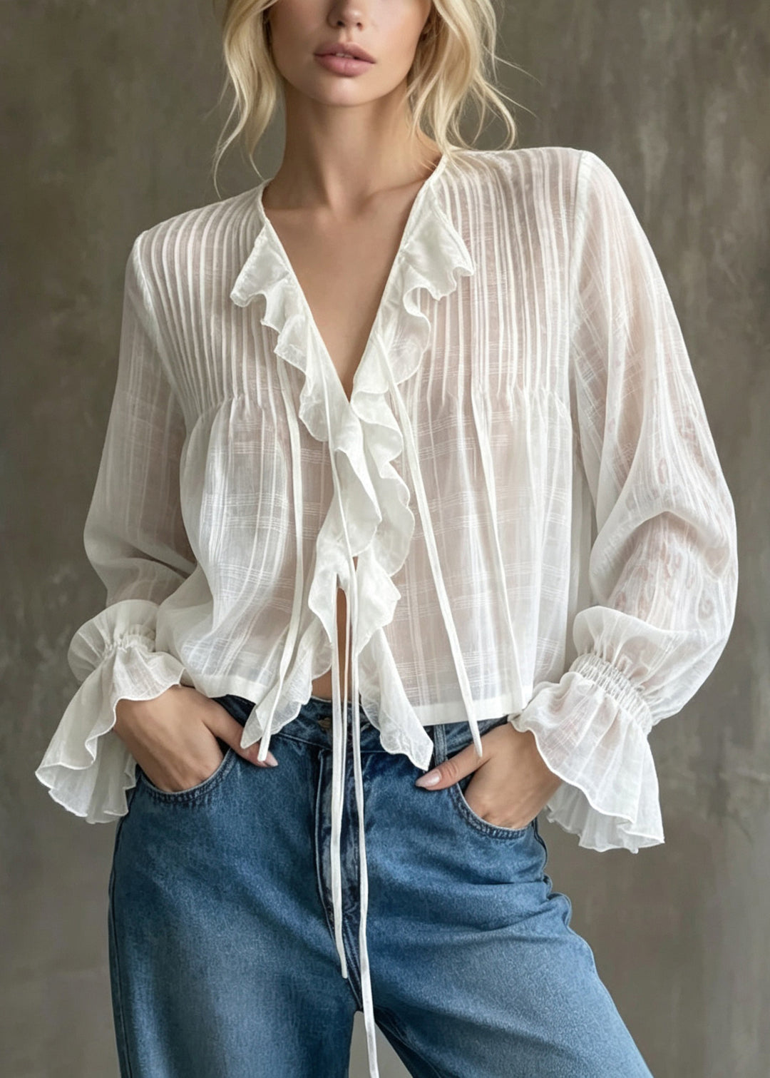 Women White Ruffled Patchwork Cotton Blouse Top Fall