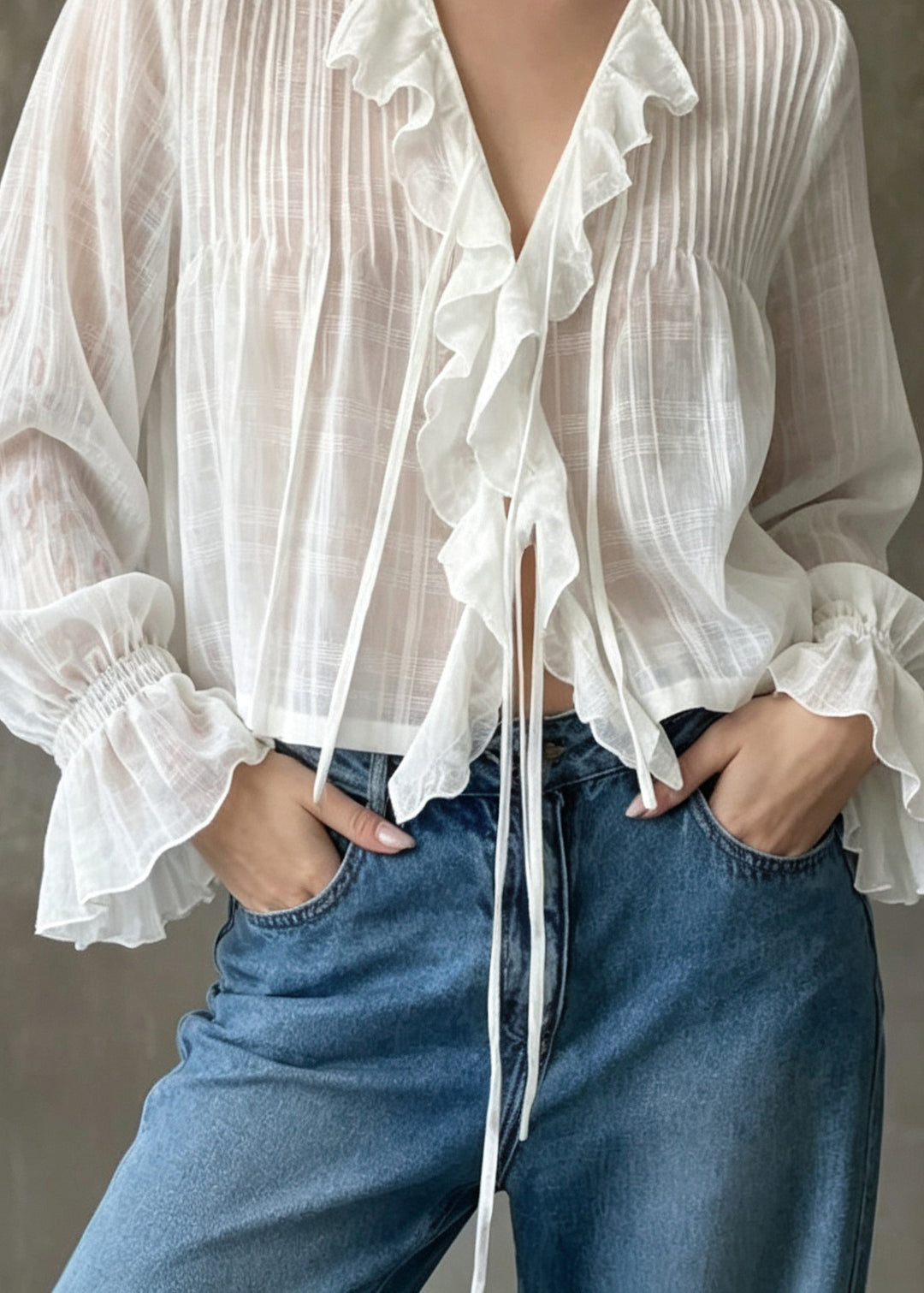 Women White Ruffled Patchwork Cotton Blouse Top Fall