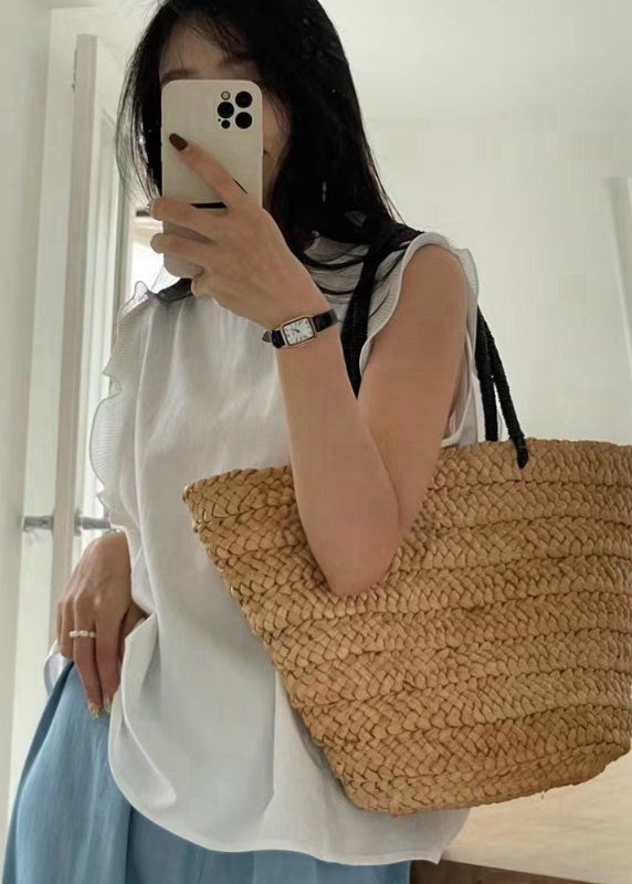 Women White Ruffled Patchwork Cotton Tanks Sleeveless