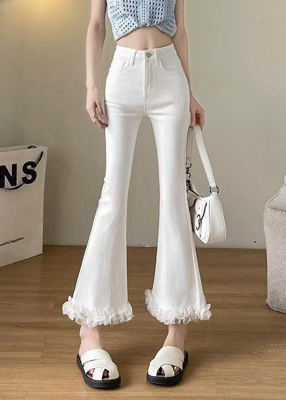 Women White Ruffled Patchwork Denim Flare Bottoms Fall