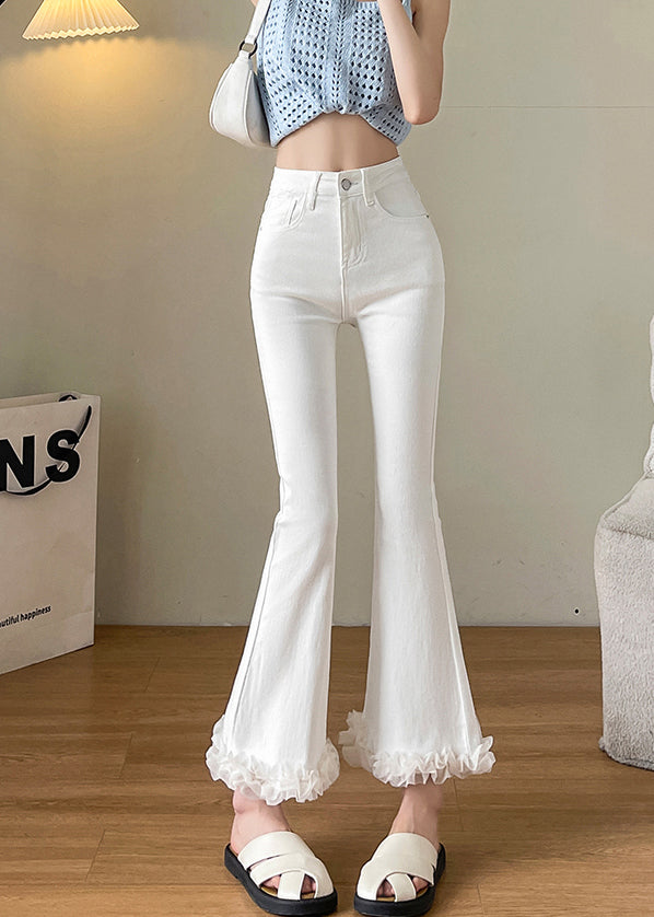 Women White Ruffled Patchwork Denim Flare Bottoms Fall