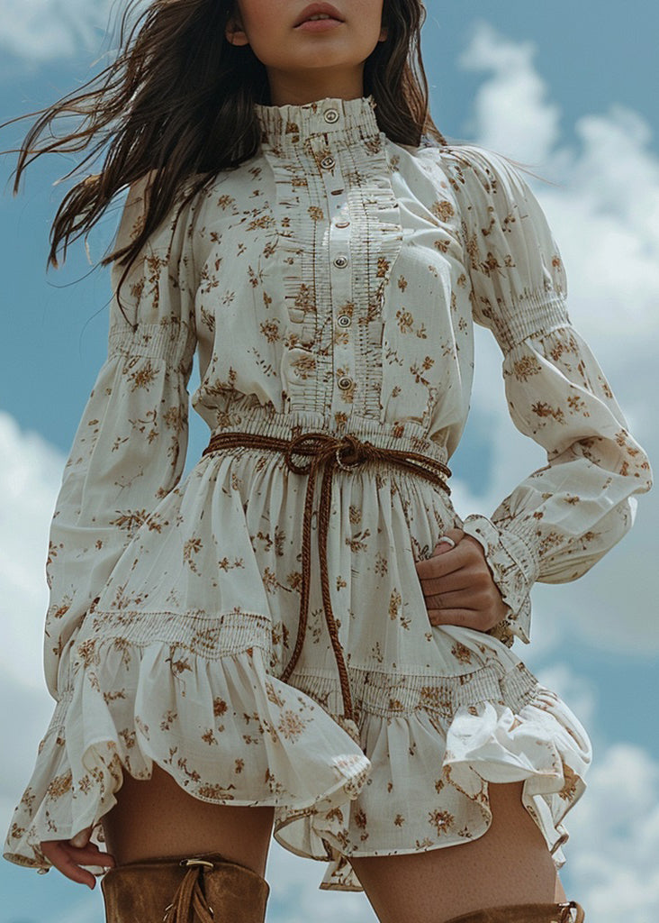 Women White Ruffled Print Patchwork Cotton Dress Long Sleeve