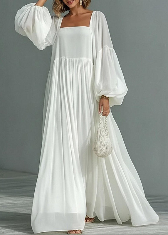 Women White Square Collar Wrinkled Patchwork Cotton Dresses Summer