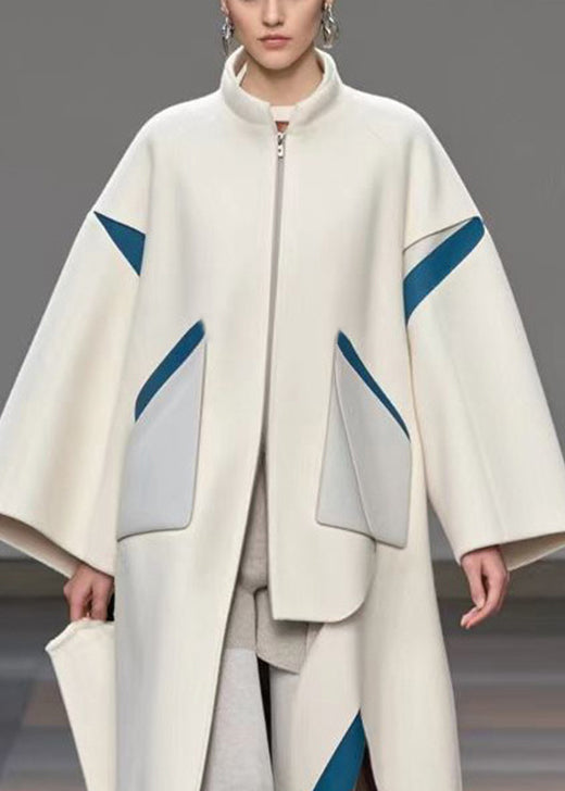 Women White Stand Collar Patchwork Woolen Loose Trench Coat Fall