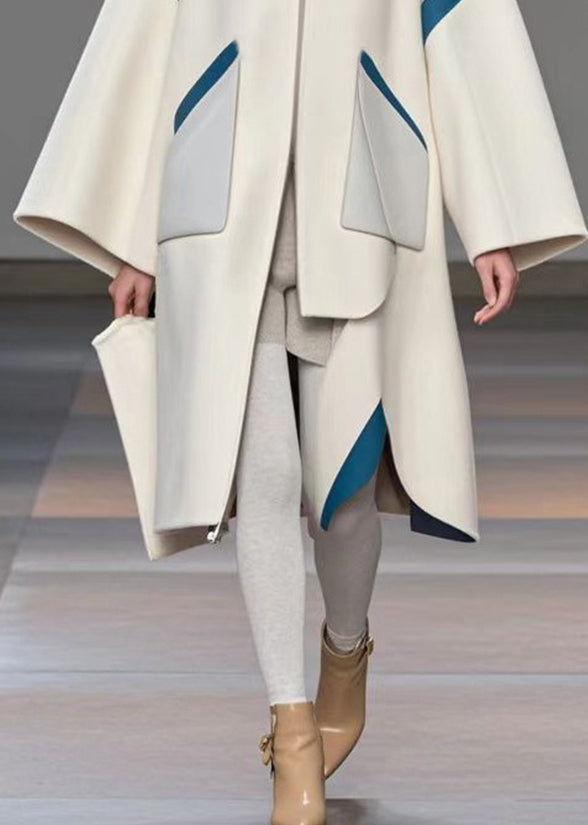 Women White Stand Collar Patchwork Woolen Loose Trench Coat Fall