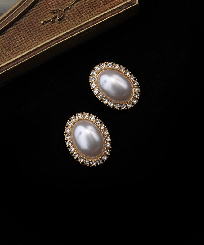 Women White Sterling Silver Overgild Zircon Pearl Stud Earrings