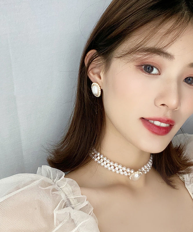 Women White Sterling Silver Overgild Zircon Pearl Stud Earrings