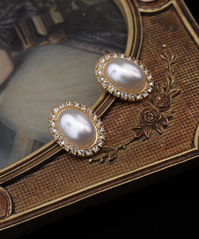 Women White Sterling Silver Overgild Zircon Pearl Stud Earrings