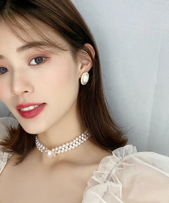 Women White Sterling Silver Overgild Zircon Pearl Stud Earrings