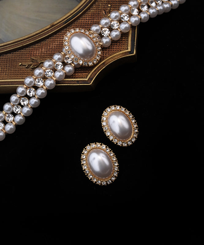 Women White Sterling Silver Overgild Zircon Pearl Stud Earrings