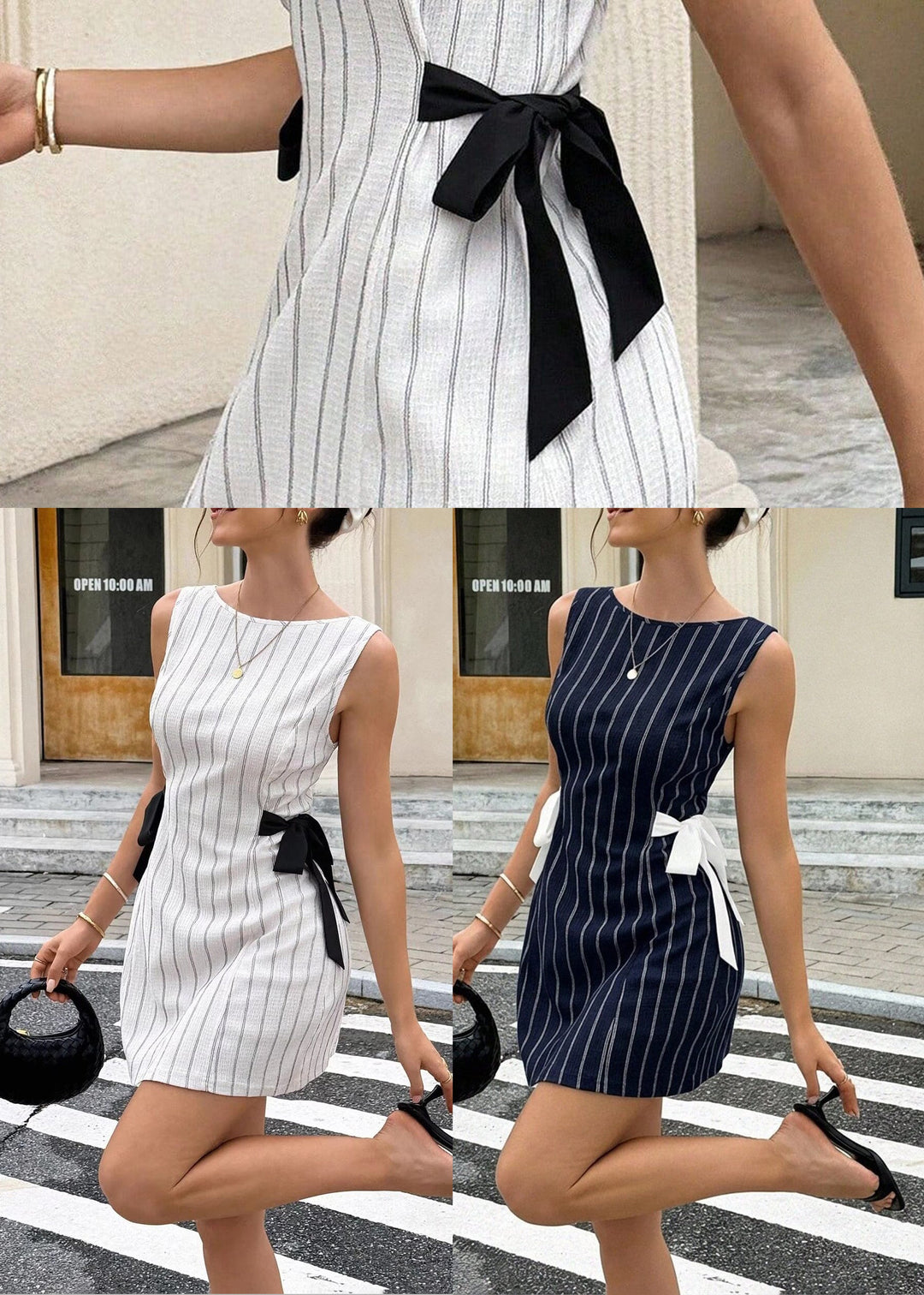 Women White Striped Bow Cotton Tea Dresses Sleeveless