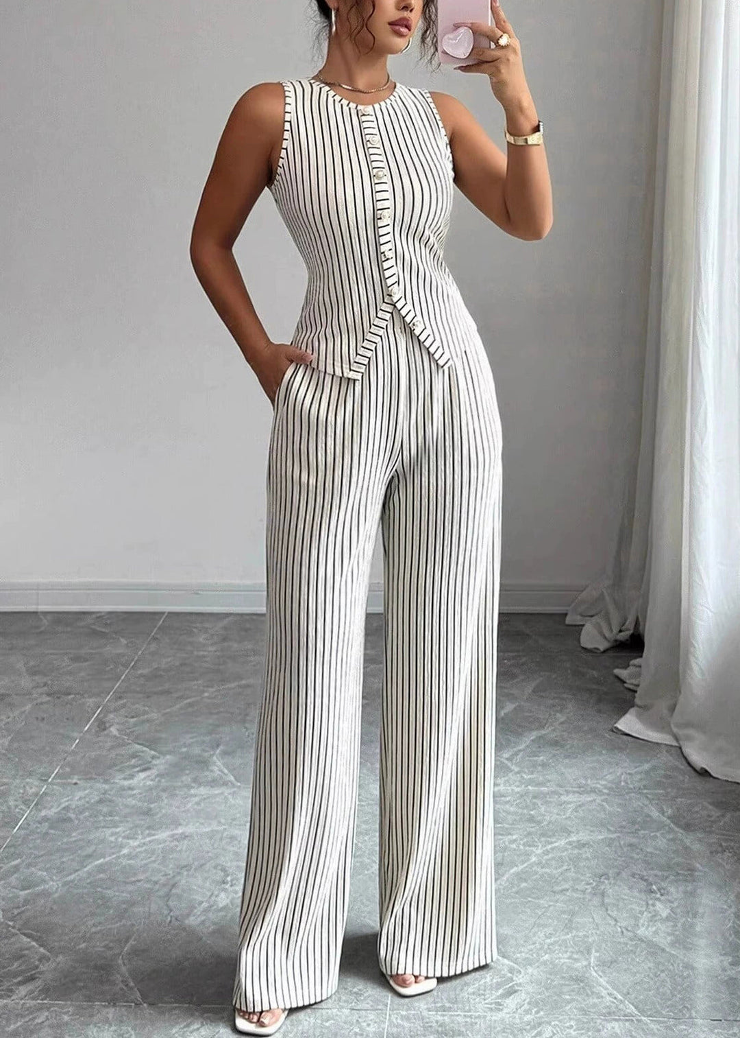 Women White Striped Button Cotton Tops With Wide Leg Pants Two Pieces Set Summer