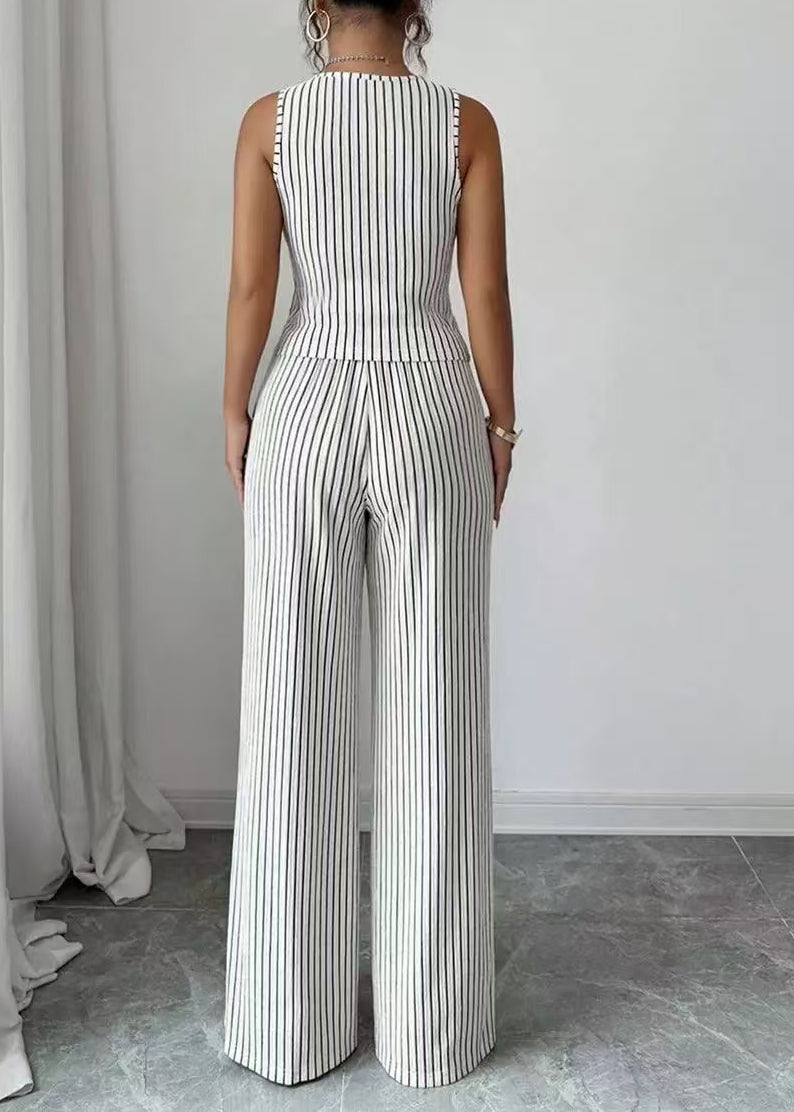 Women White Striped Button Cotton Tops With Wide Leg Pants Two Pieces Set Summer