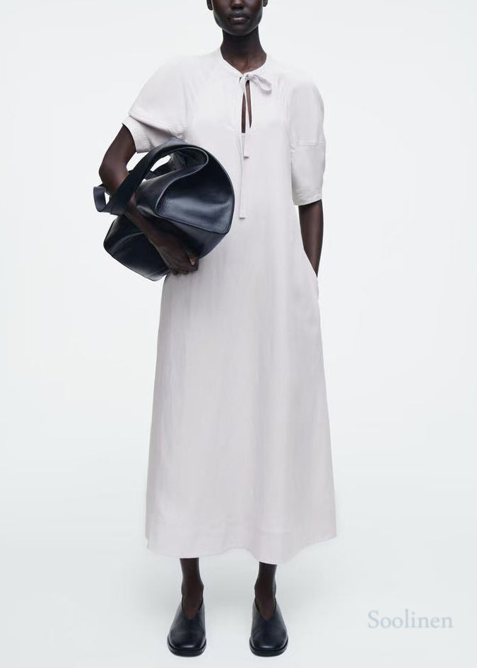 Women White Tie Neck Cotton Tunic Dress Summer