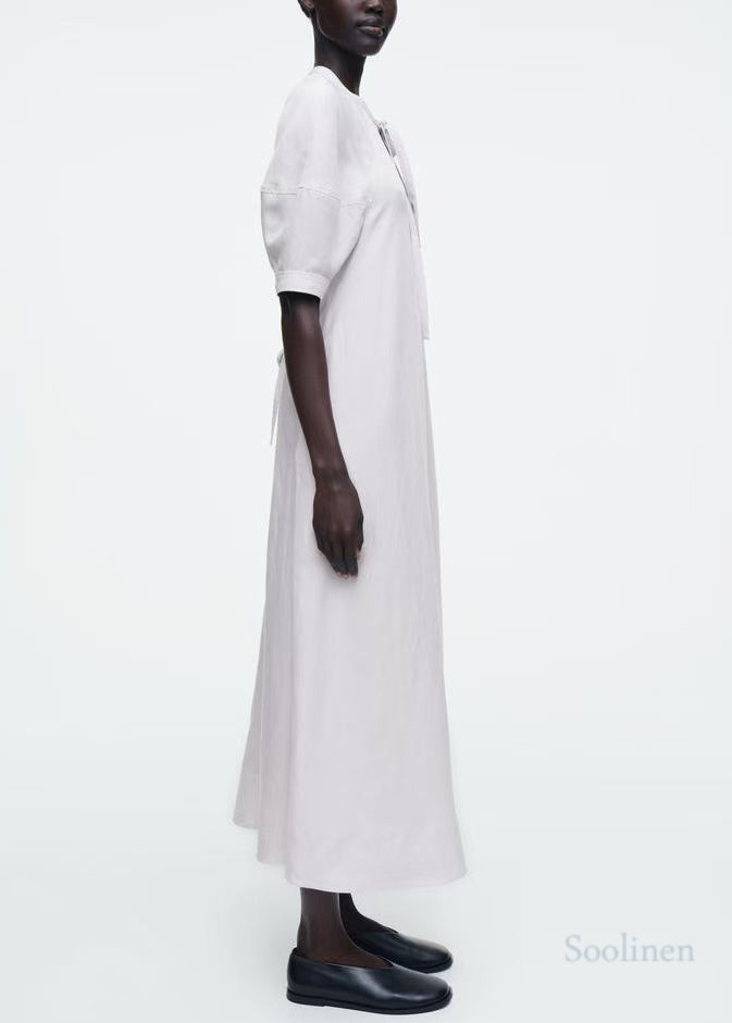 Women White Tie Neck Cotton Tunic Dress Summer
