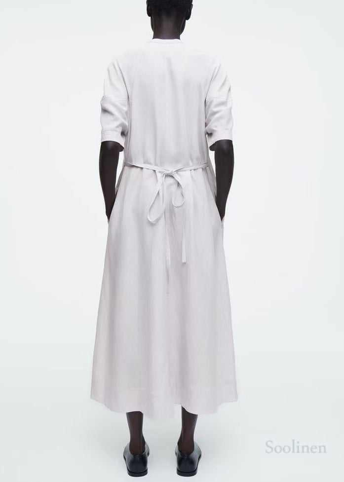 Women White Tie Neck Cotton Tunic Dress Summer