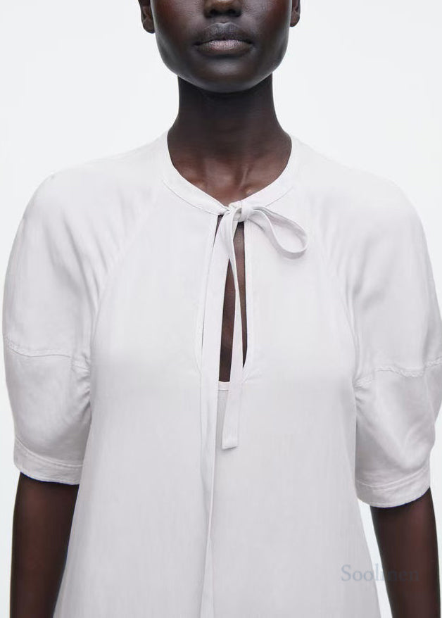 Women White Tie Neck Cotton Tunic Dress Summer
