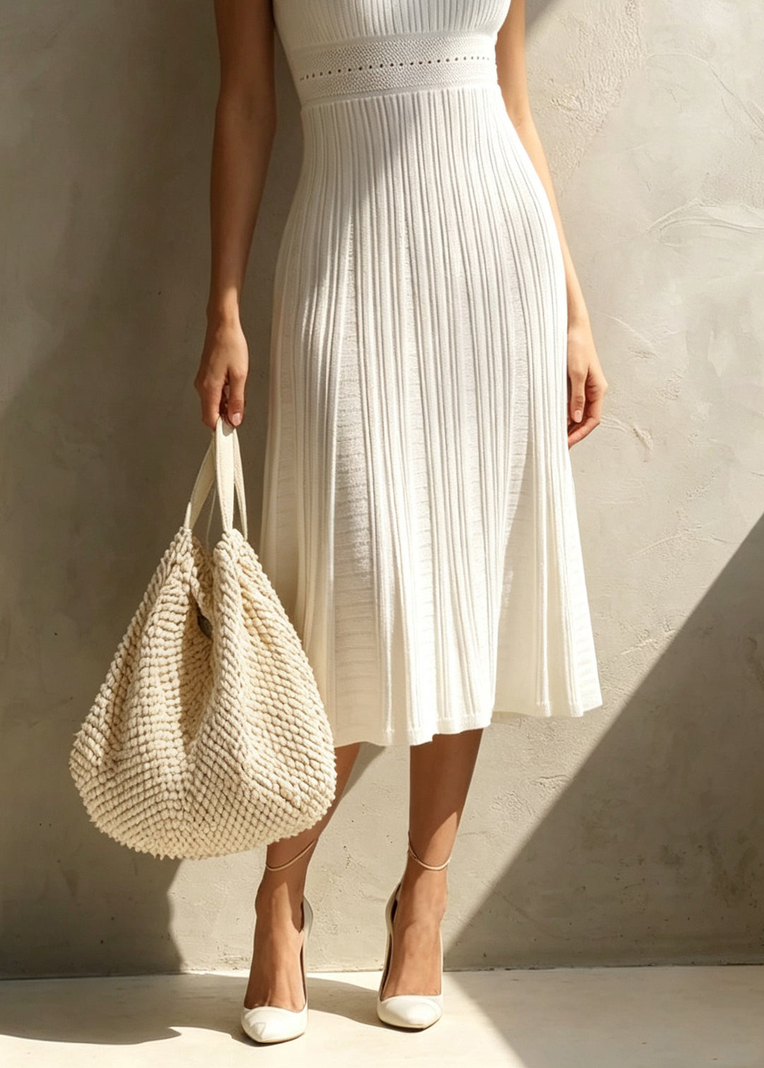 Women White U Neck Patchwork Jacquard Knit Dress Summer