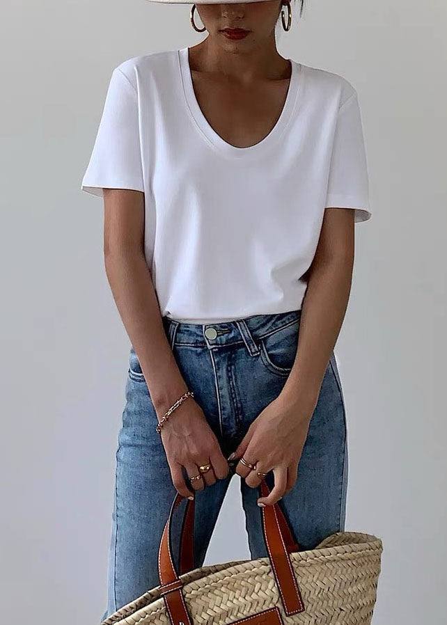 Women White U Neck Simple Cotton T Shirt Summer