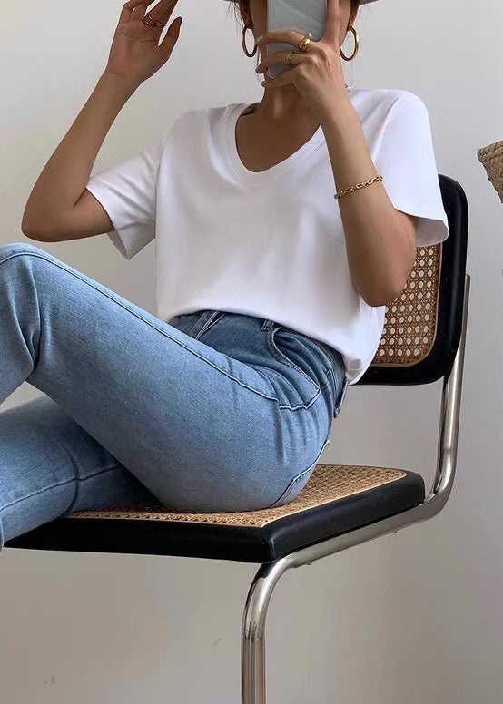 Women White U Neck Simple Cotton T Shirt Summer