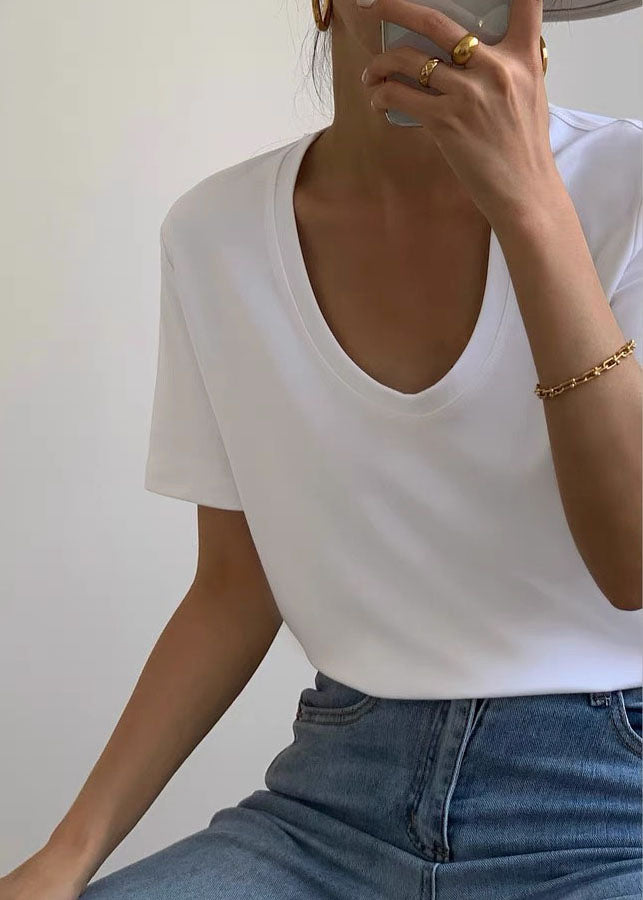 Women White U Neck Simple Cotton T Shirt Summer