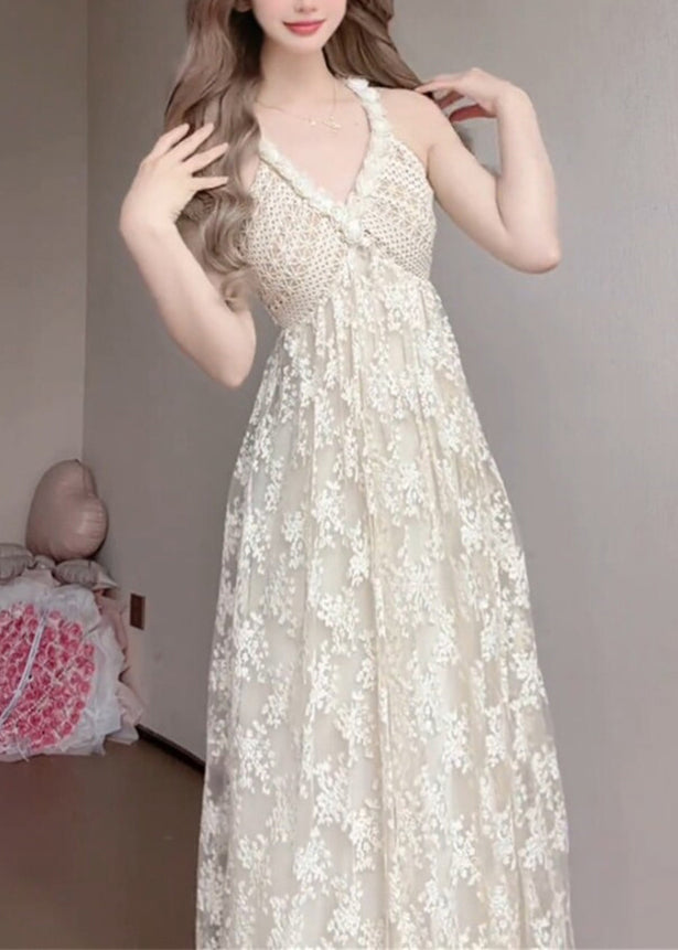 Women White V Neck Exra Large Hem Lace Spaghetti Strap Dress Summer