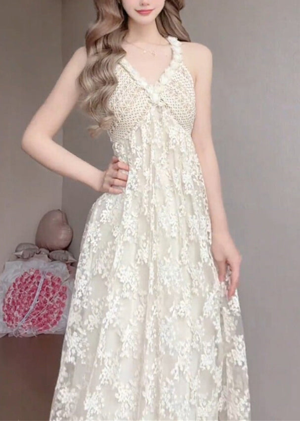 Women White V Neck Exra Large Hem Lace Spaghetti Strap Dress Summer