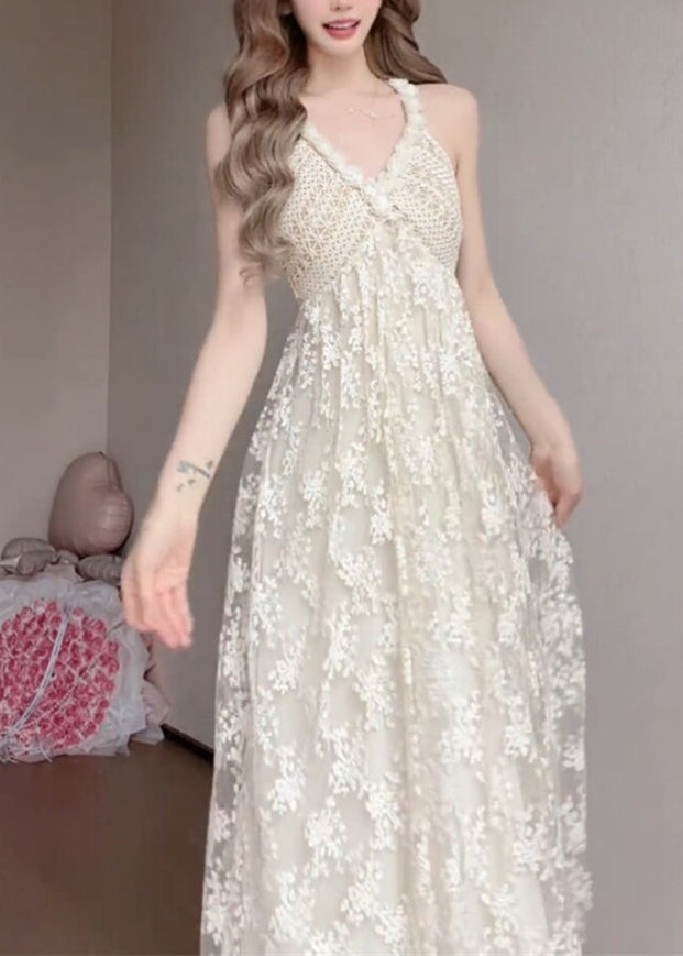 Women White V Neck Exra Large Hem Lace Spaghetti Strap Dress Summer