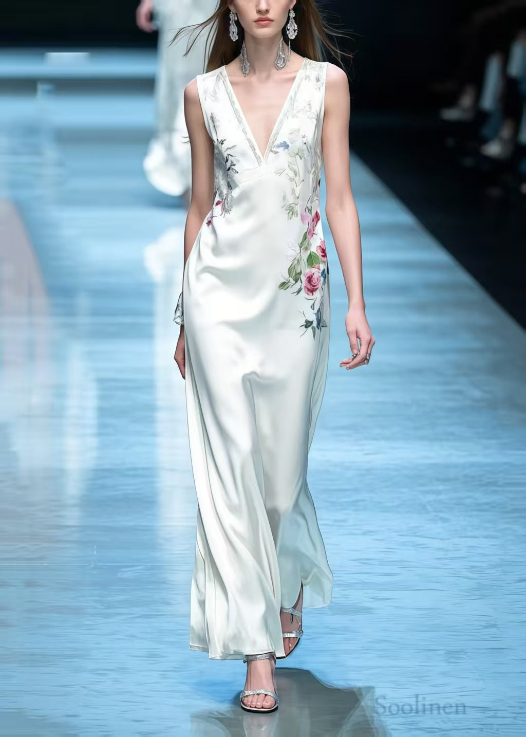 Women White V Neck Floral Silk Straight Dress Sleeveless