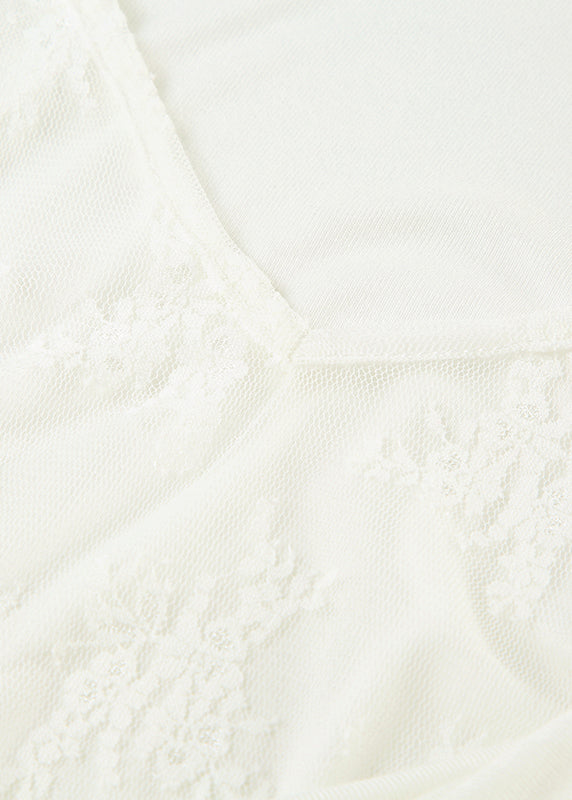 Women White V Neck Lace Patchwork Cotton Blouses Spring