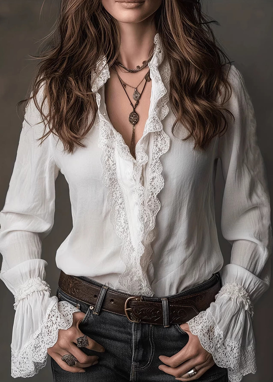Women White V Neck Lace Patchwork Cotton Shirts Spring