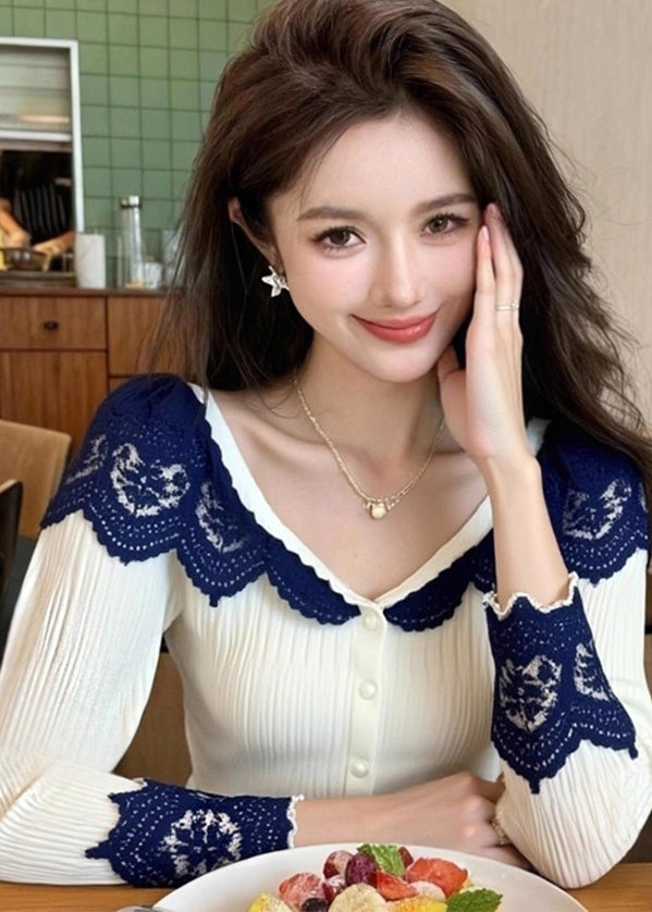 Women White V Neck Lace Patchwork Knit Tops Spring