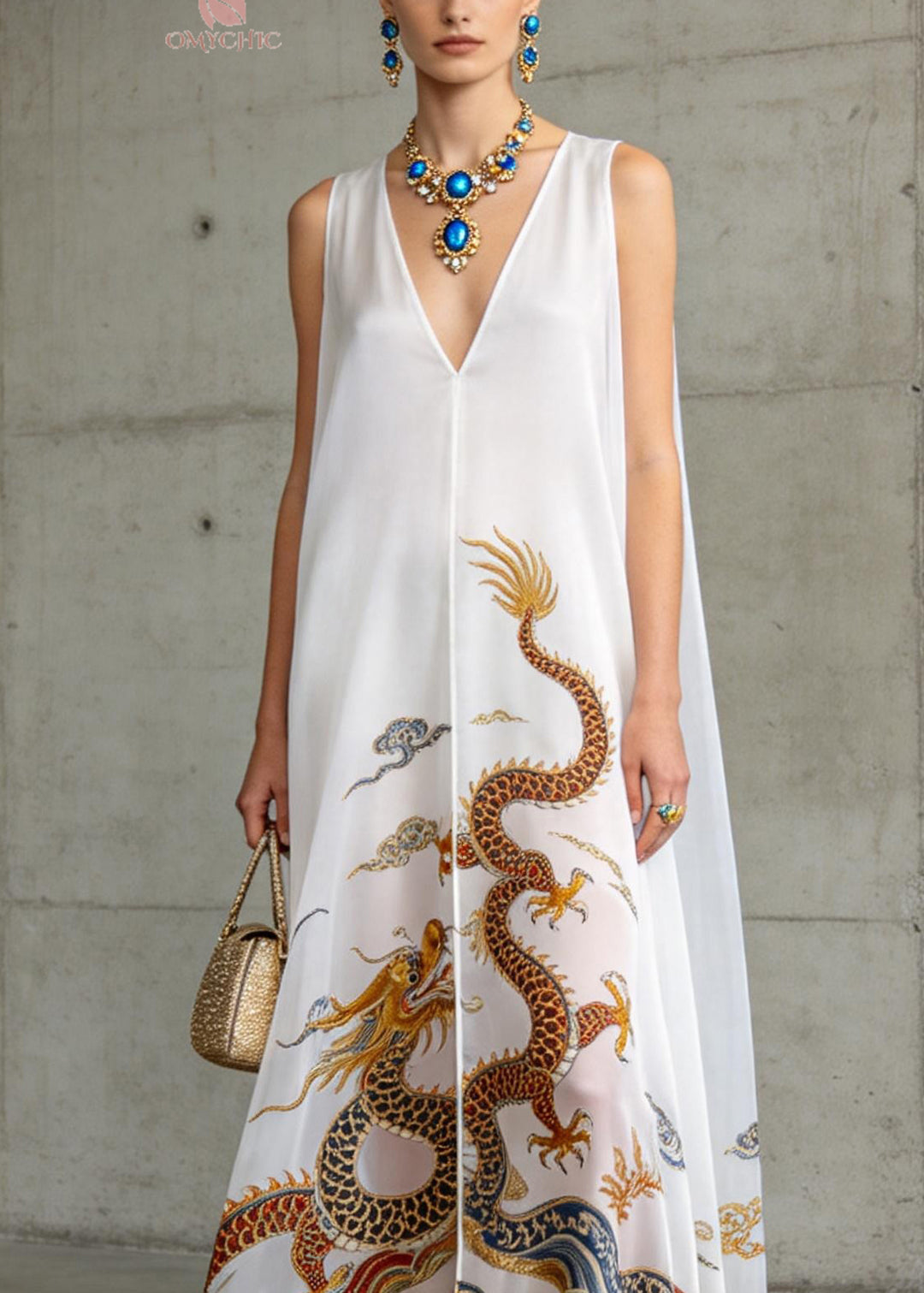Women White V Neck Oriental Print Chiffon Dress Sleeveless