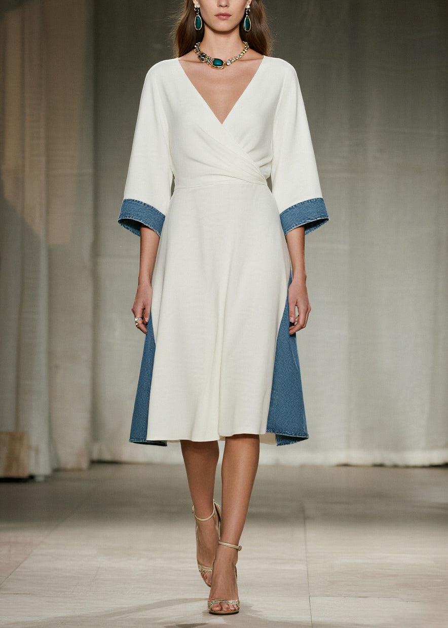 Women White V Neck Patchwork Denim Day Dress Summer