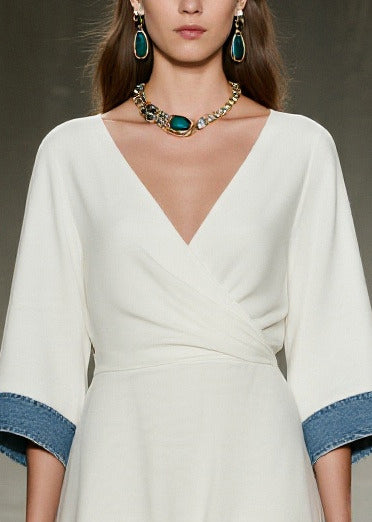 Women White V Neck Patchwork Denim Day Dress Summer