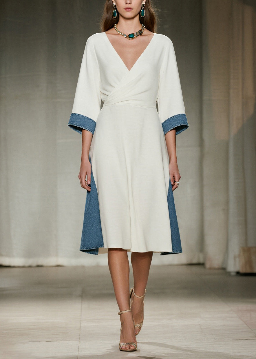 Women White V Neck Patchwork Denim Day Dress Summer