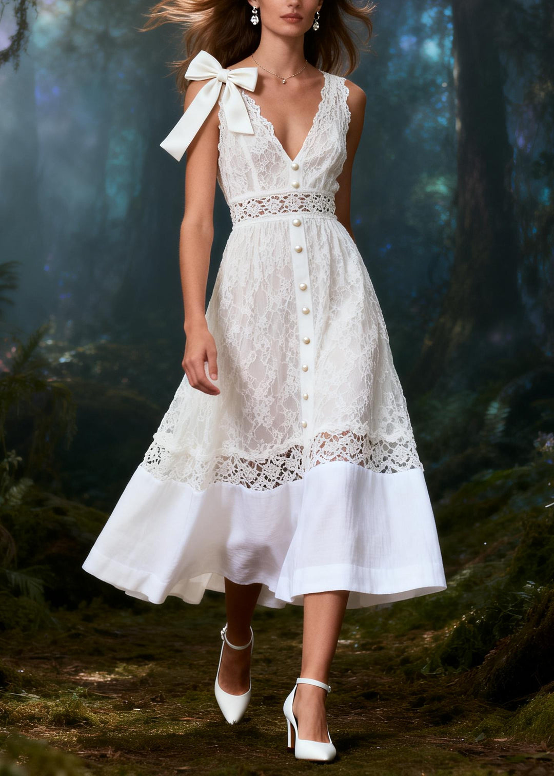 Women White V Neck Patchwork Lace Bow Dress Summer