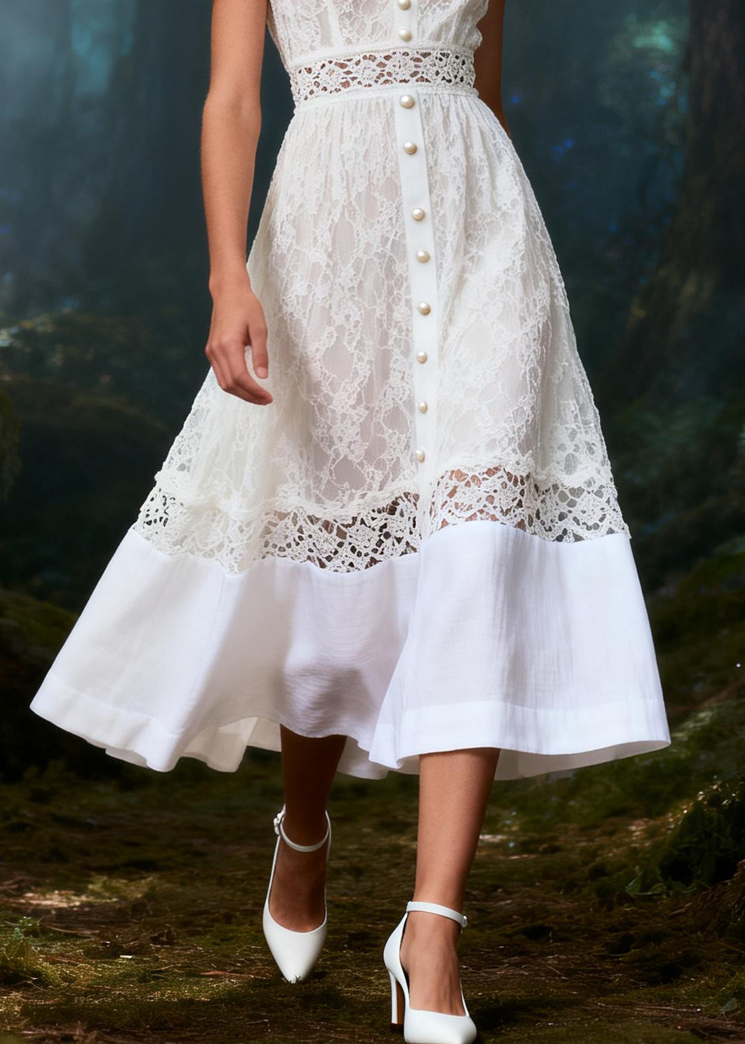 Women White V Neck Patchwork Lace Bow Dress Summer
