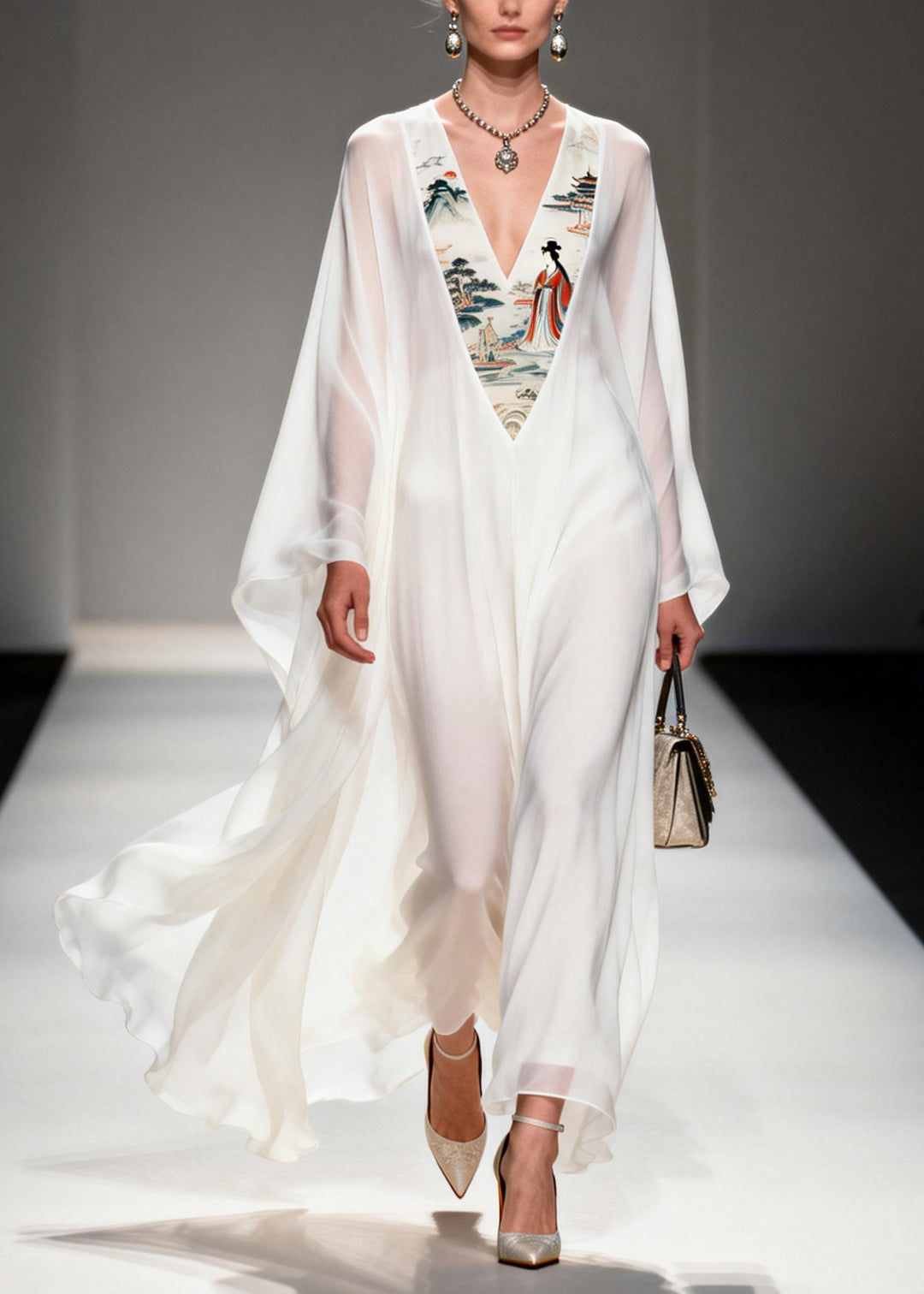 Women White V Neck Print Patchwork Chiffon Dresses Spring