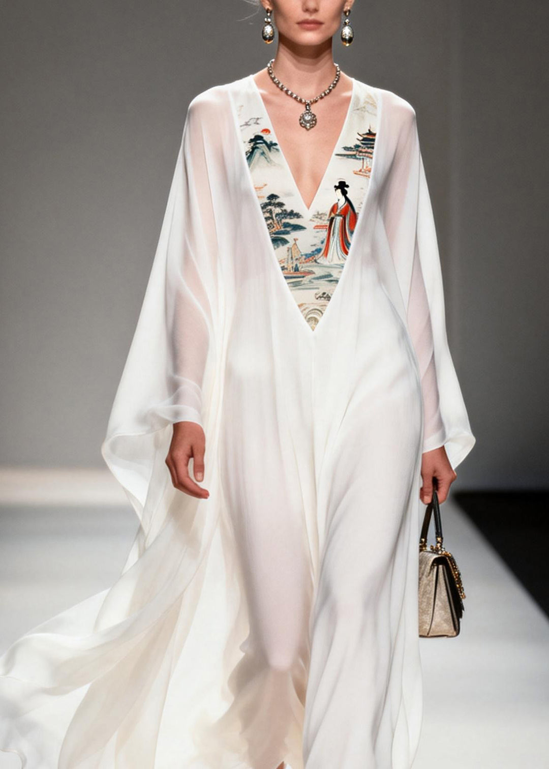 Women White V Neck Print Patchwork Chiffon Dresses Spring