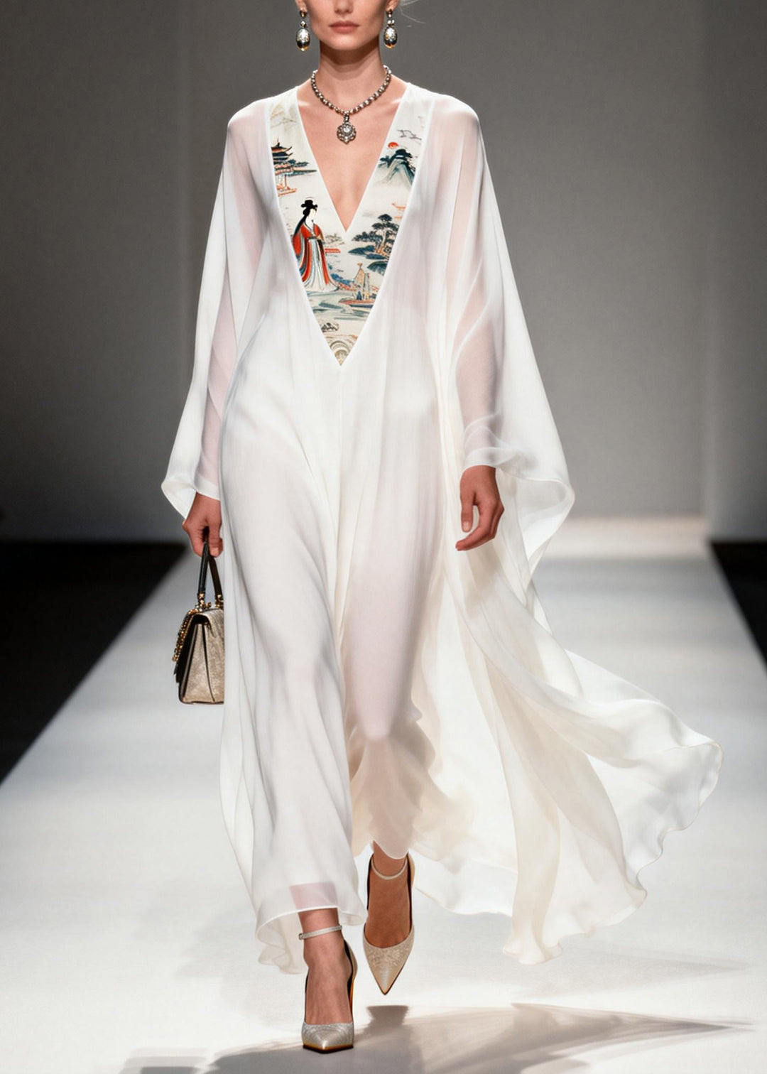 Women White V Neck Print Patchwork Chiffon Dresses Spring