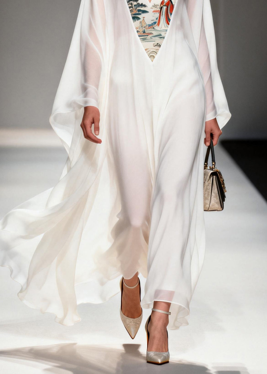 Women White V Neck Print Patchwork Chiffon Dresses Spring