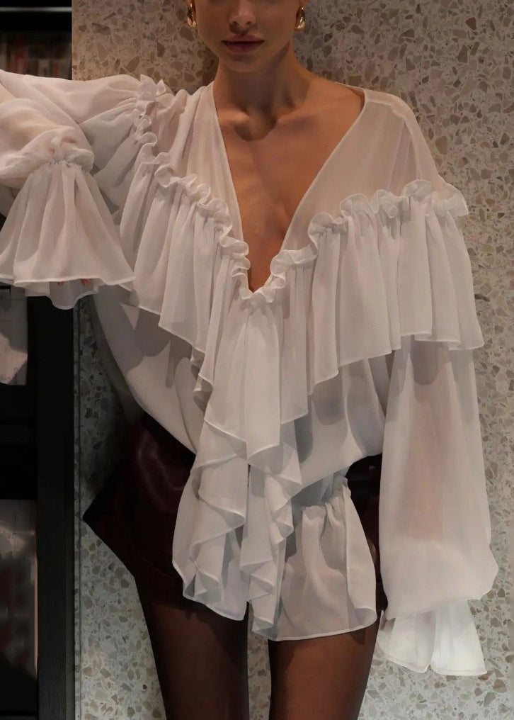 Women White V Neck Ruffled Patchwork Chiffon Shirt Flare Sleeve