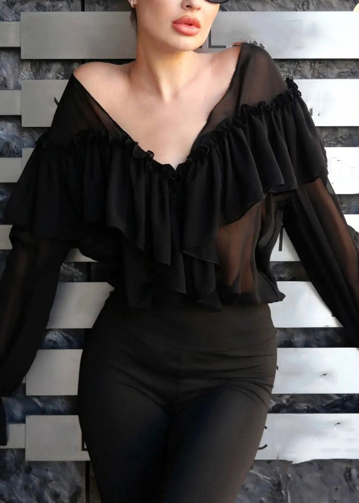 Women White V Neck Ruffled Patchwork Chiffon Shirt Flare Sleeve