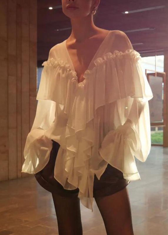 Women White V Neck Ruffled Patchwork Chiffon Shirt Flare Sleeve