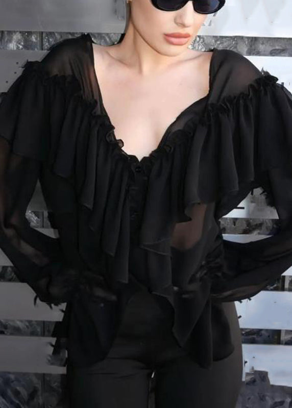 Women White V Neck Ruffled Patchwork Chiffon Shirt Flare Sleeve