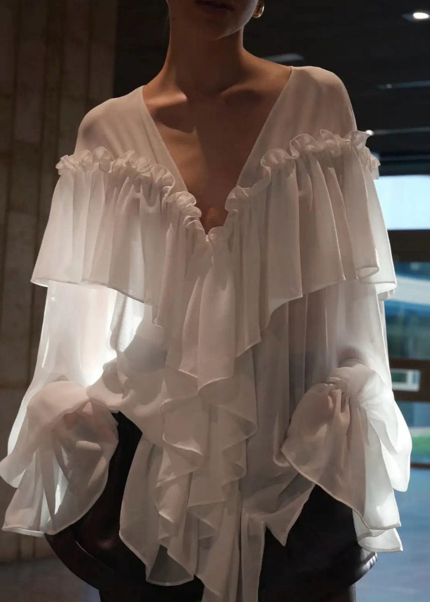 Women White V Neck Ruffled Patchwork Chiffon Shirt Flare Sleeve
