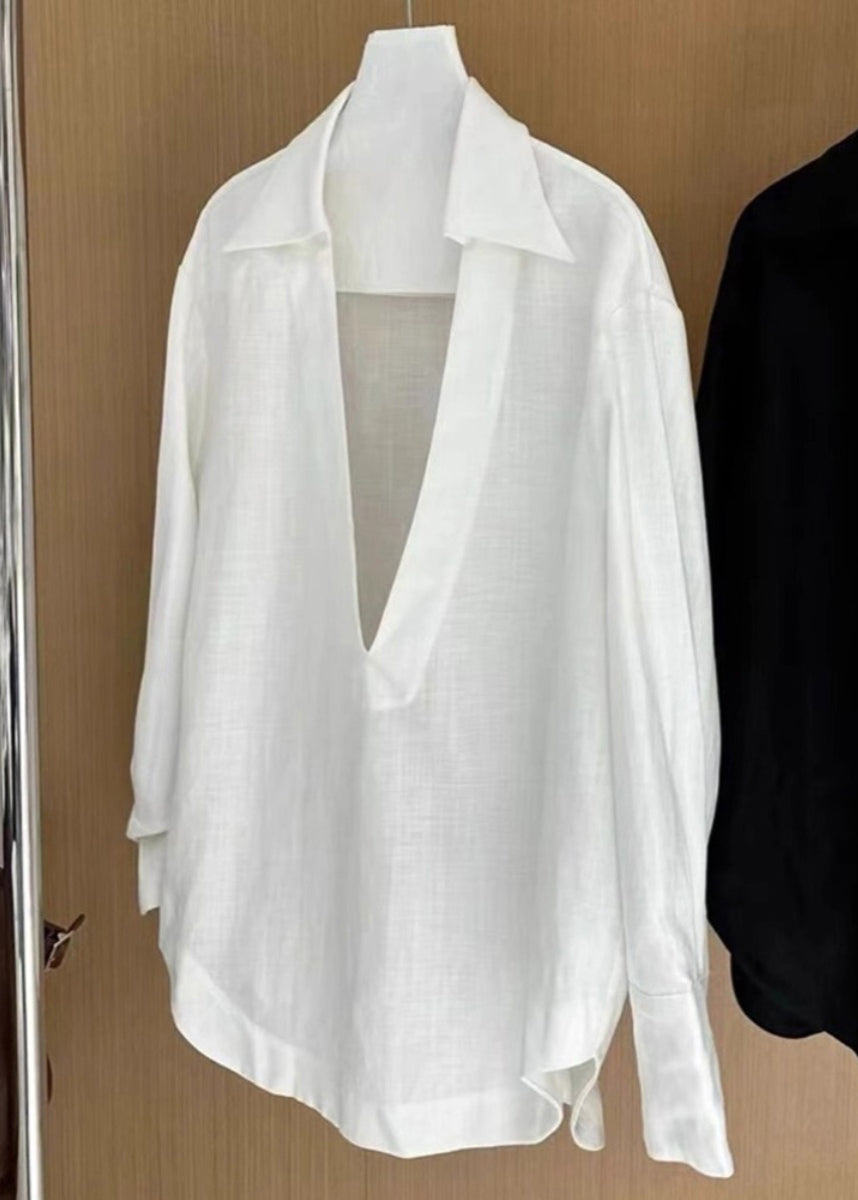 Women White V Neck Solid Cotton Blouses Fall