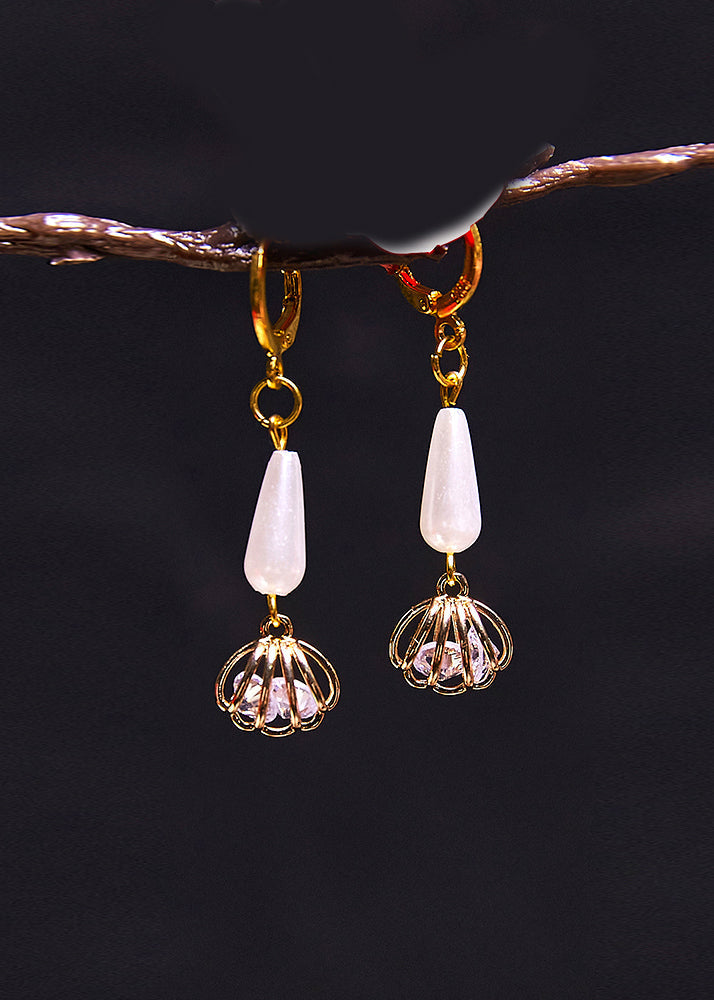 Women White Water Droplet Pearl Tassels Bud Drop Earrings - Omychic