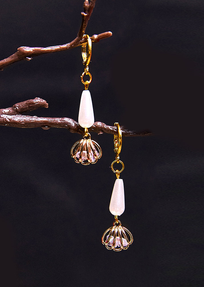 Women White Water Droplet Pearl Tassels Bud Drop Earrings - Omychic